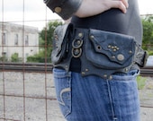 Black and Antique Brass Steampunk Leather Hip Belt Bag