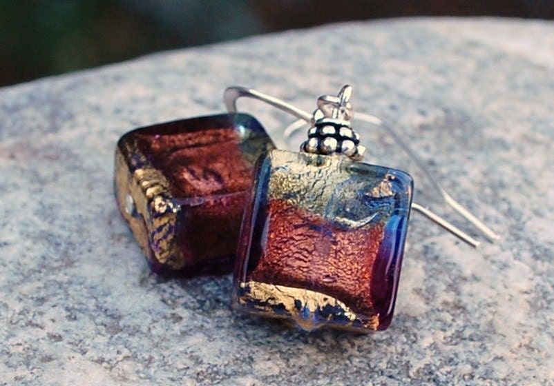 Earrings Venetian glass small square earrings purple and blue glass with gold foil swirl, Italian glass jewelry by Dolce Beada