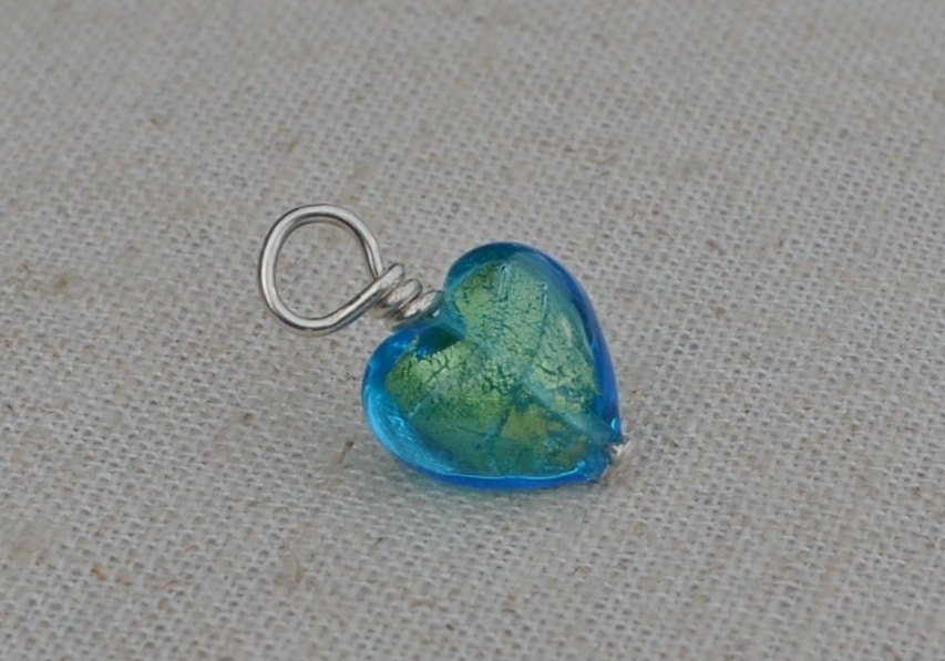 heart jewelry, Venetian glass heart necklace, heart charm necklace, small bead necklace, teal heart