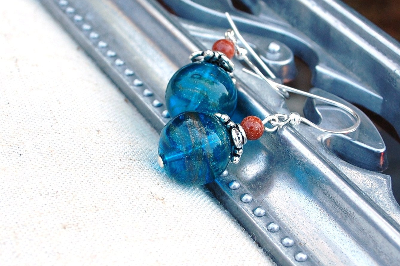 Venetian glass earrings, glass jewelry, aqua earrings, aventurina swirl earrings, goldstone