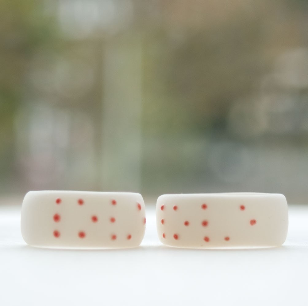 LOVE BRAILLE Porcelain Ring, White Porcelain, Coral Red Dots ,Gift for her under 50,Gift Wrapping- Free Gift Wrapping