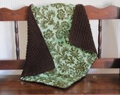 Sweet Dreams Hand Crocheted & Lined Baby Blanket -Green Damask/Brown