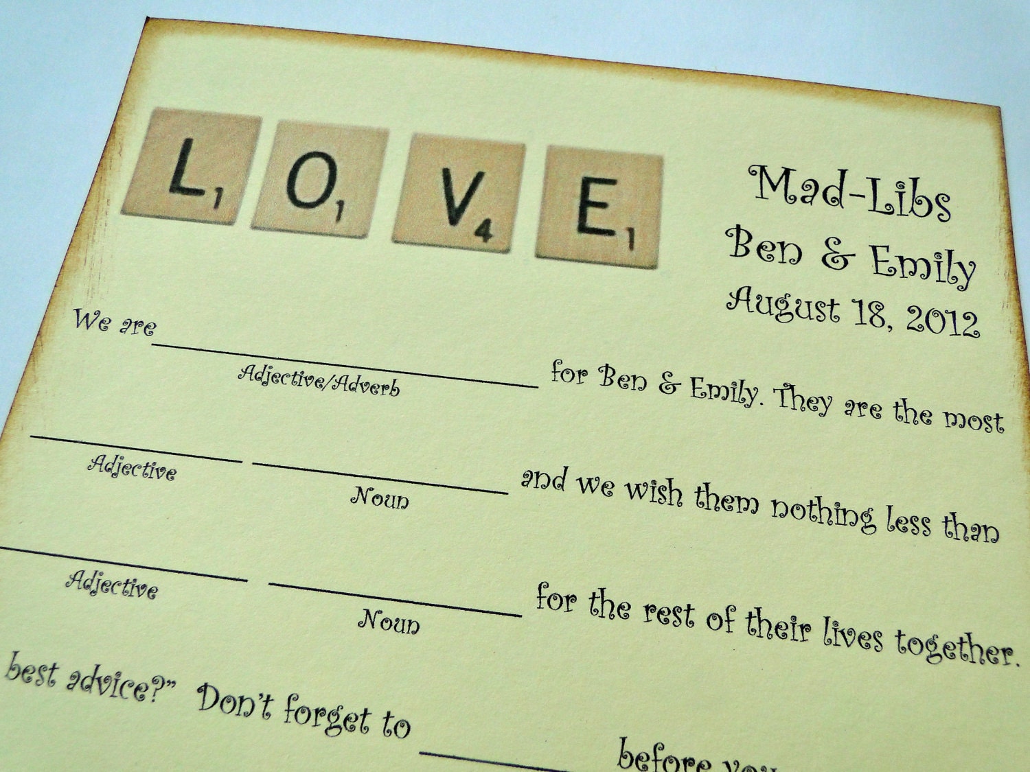 Reserved for Emma Kirkpatrick (emmalk) - Wedding Guest Book Alternative Mad-Lib Cards - Set of 100 - Scrabble "LOVE" Cards