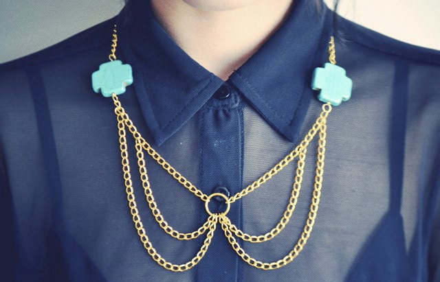 Peter Pan Collar Necklace- Turquoise with Gold Chain