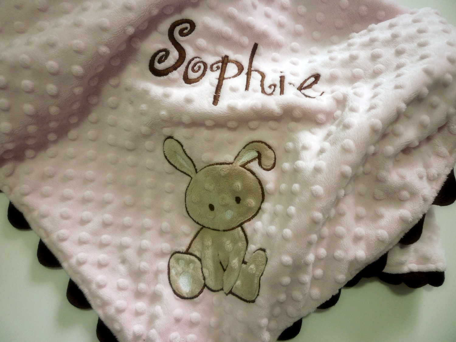Lil lovey- baby girl pink and brown bunny- large personalized stroller blanket 30x35