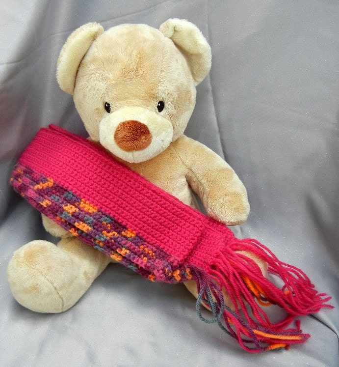 Wool Crochet Scarf Fuchsia with Magenta Plum and Yellow