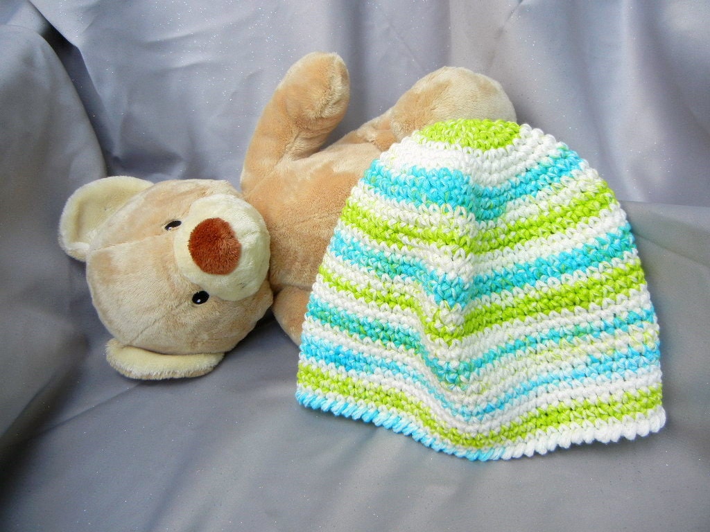 Cotton Crochet Hat White Turquoise and Green Stripe