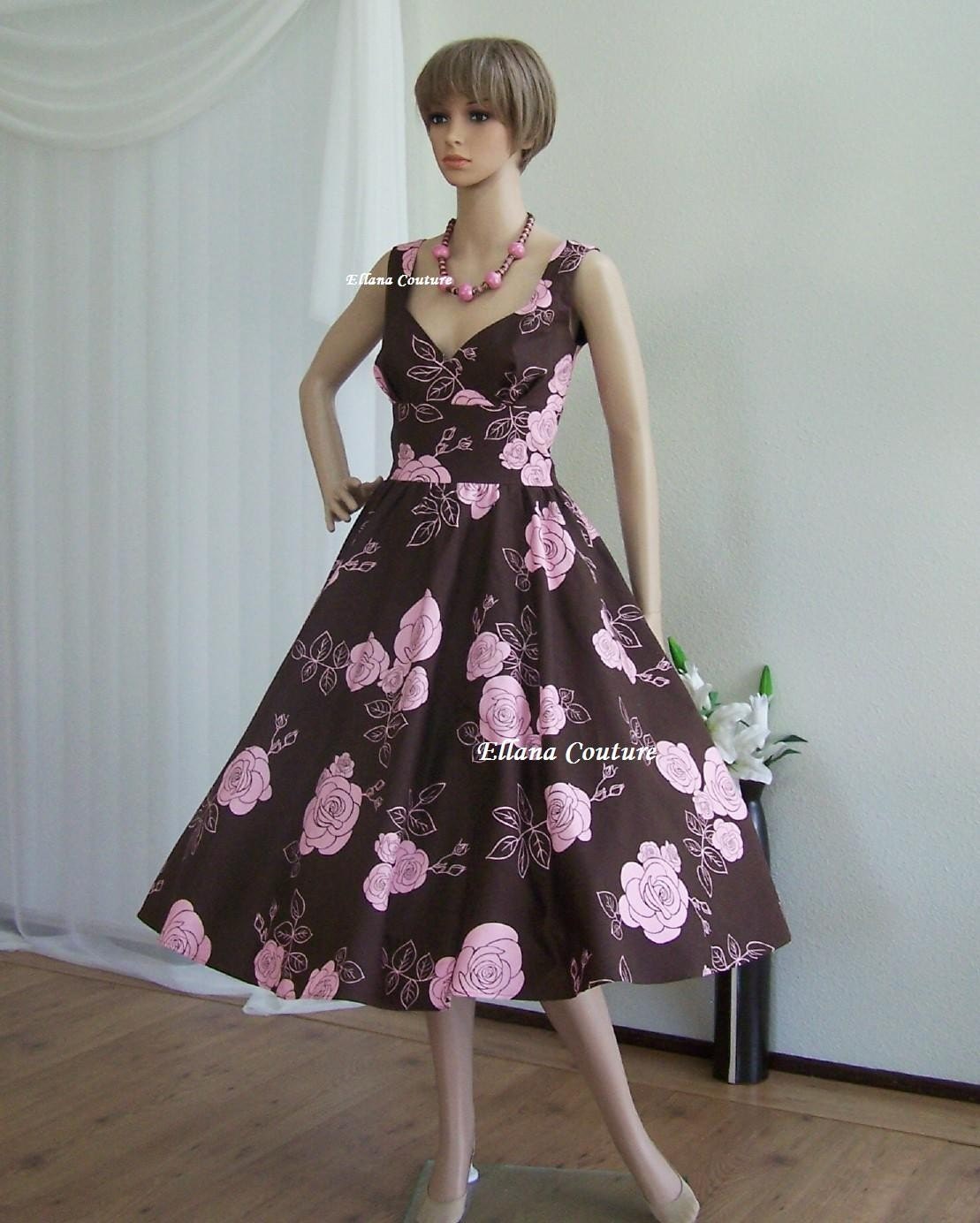 Sample Sale. Retro Style Tea Length Dress. Floral Print Cotton.