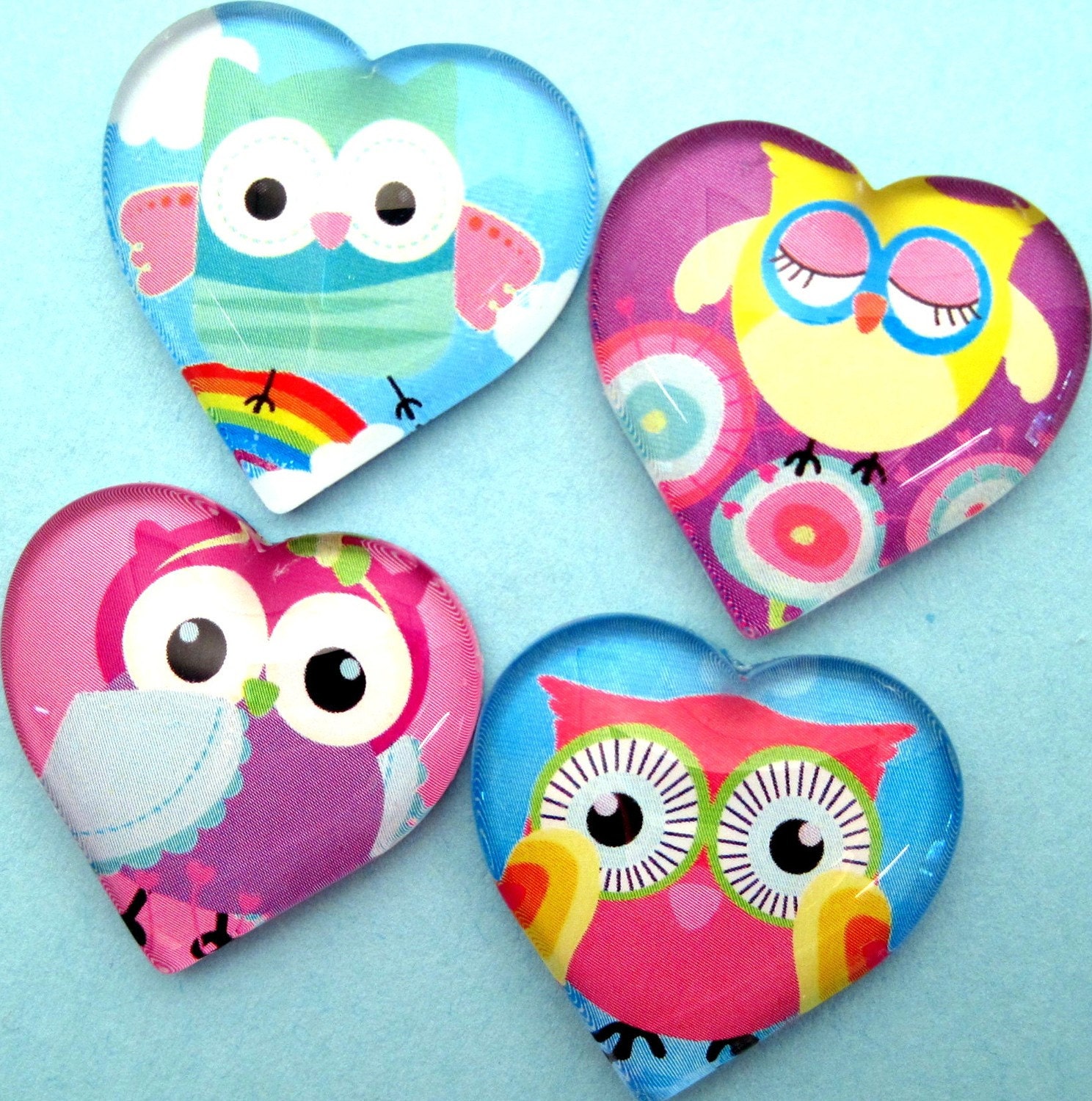 I Heart Owls Magnet Set - Handmade Magnets - Heart Shaped Glass - StuckTogetherMagnets