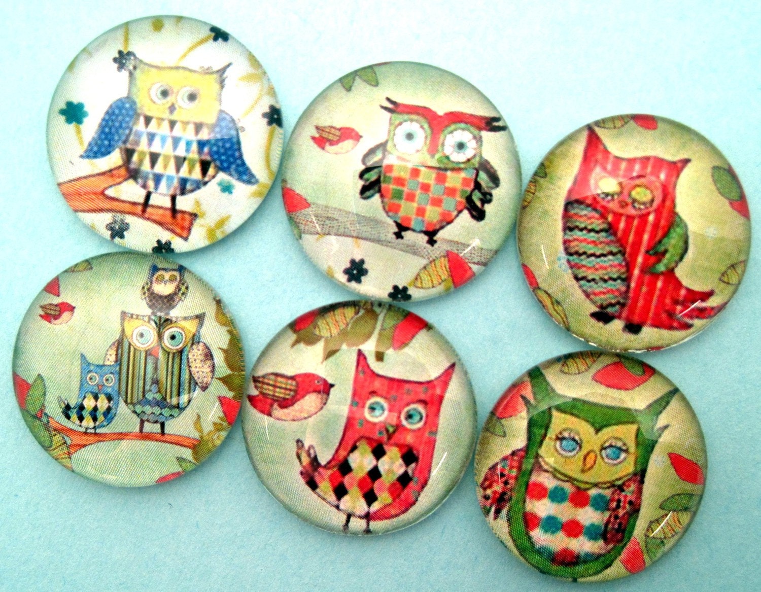 Green and Mauve Owls Magnet Set - Inch Circle Domed Glass - Six Magnet Set