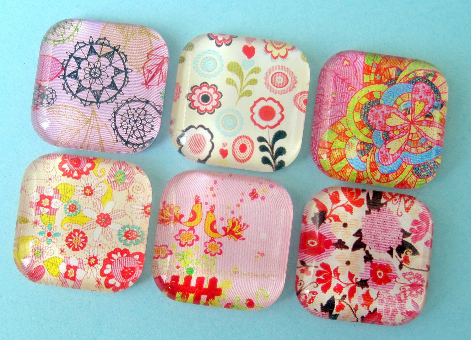 Pink Magnets - 1 Inch Premium Square Glass - Set of Six