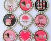 Bottle Cap Magnets - Cupcake Cuteness - Set of 9 Flattened Bottle Cap Magnets