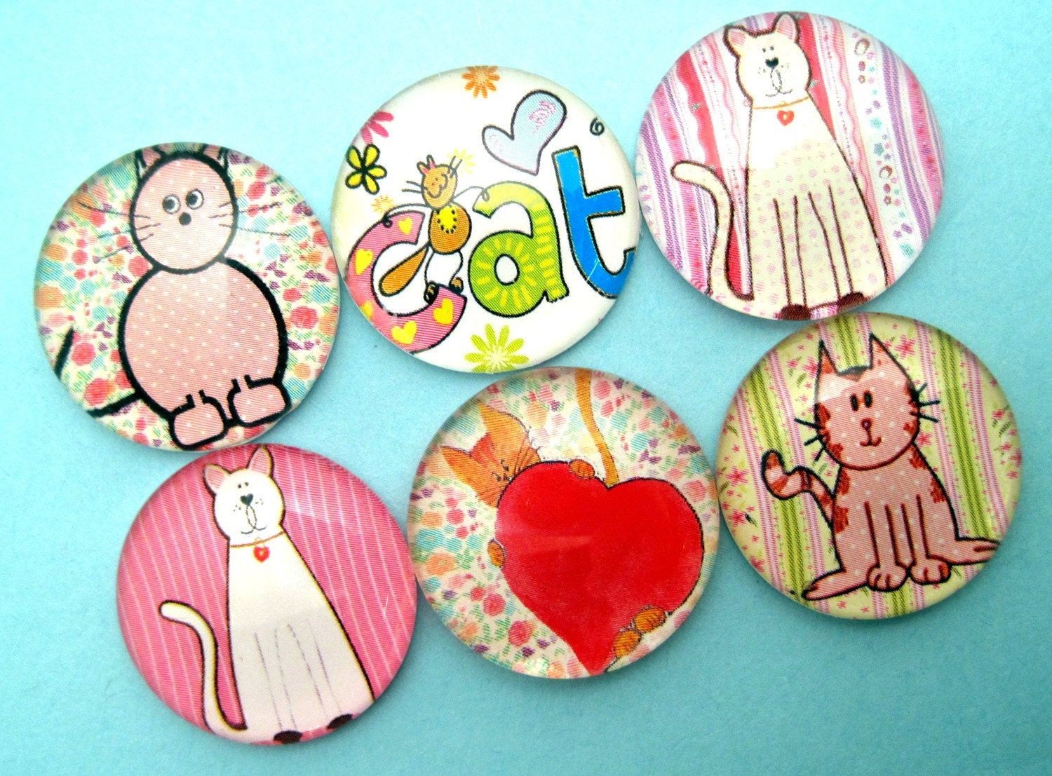 Cat Magnets - One Inch Round Domed Glass - Set of Six