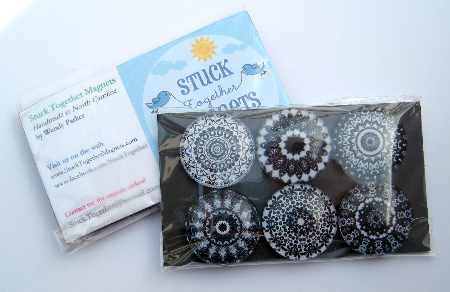 Mandala Magnets - Black and White - Set of Six One Inch Magnets