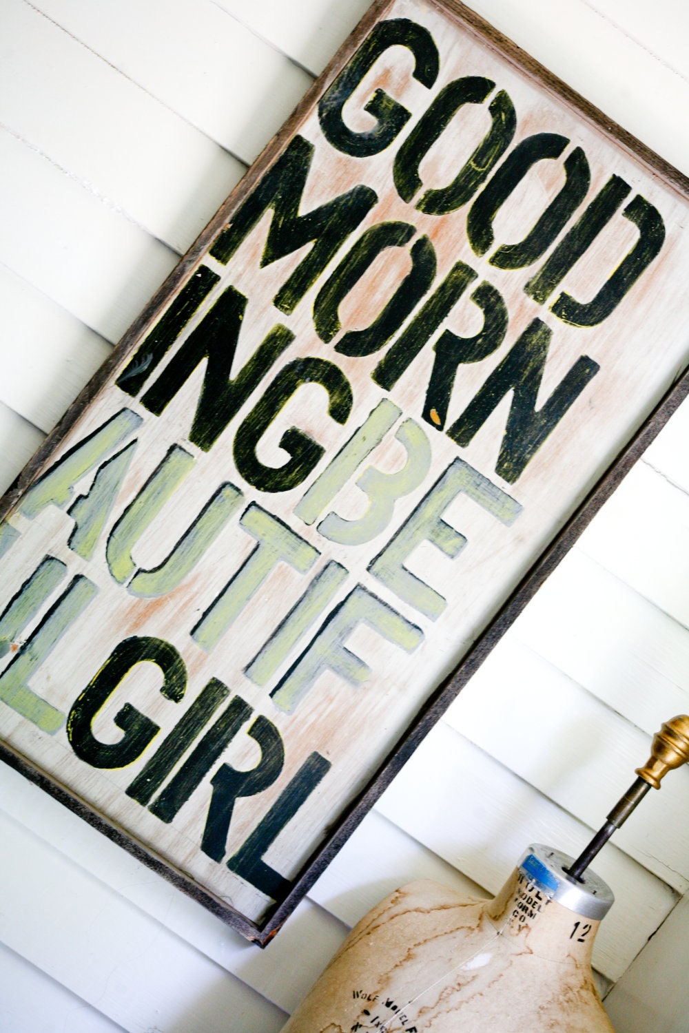 GOOD morning BEAUTIFUL GIRL reclaimed painting