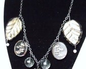 Chilled Out Necklace--Silver Foiled Art Glass Leaves, Smoky Quartz