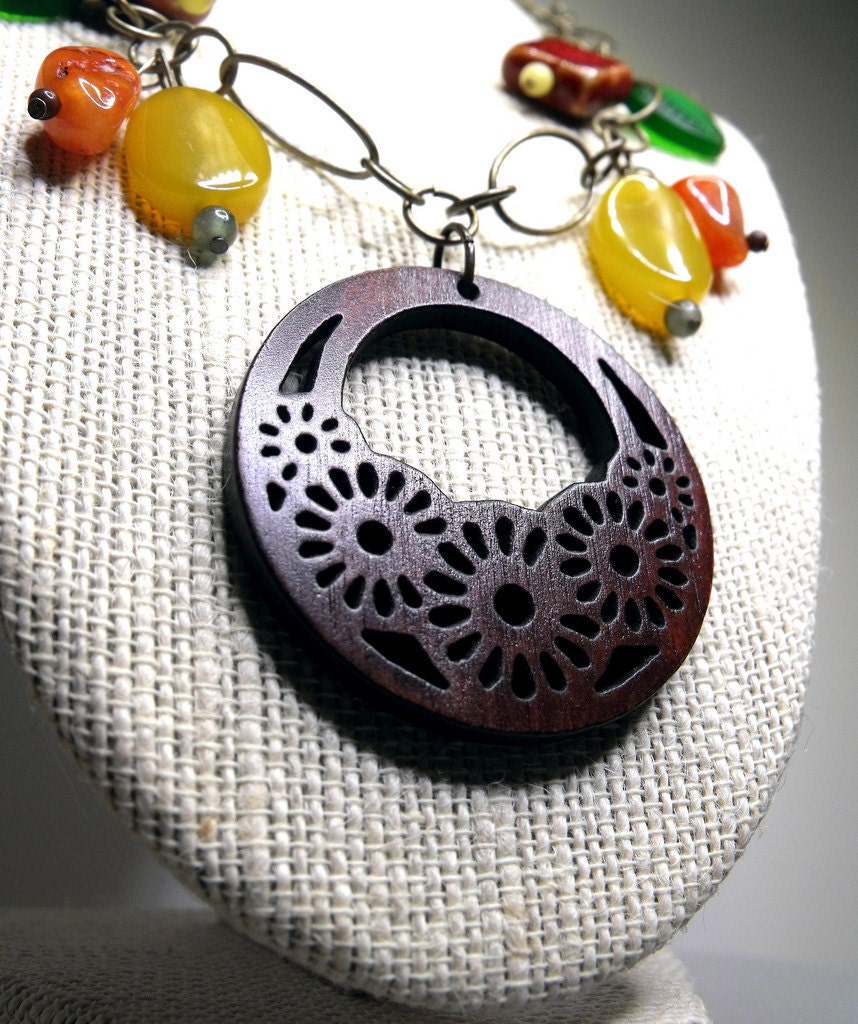 Woodlands Necklace--Burnt Orange Chalcedony, Perforated Wooden Pendant, Agate, Ceramic, Glass