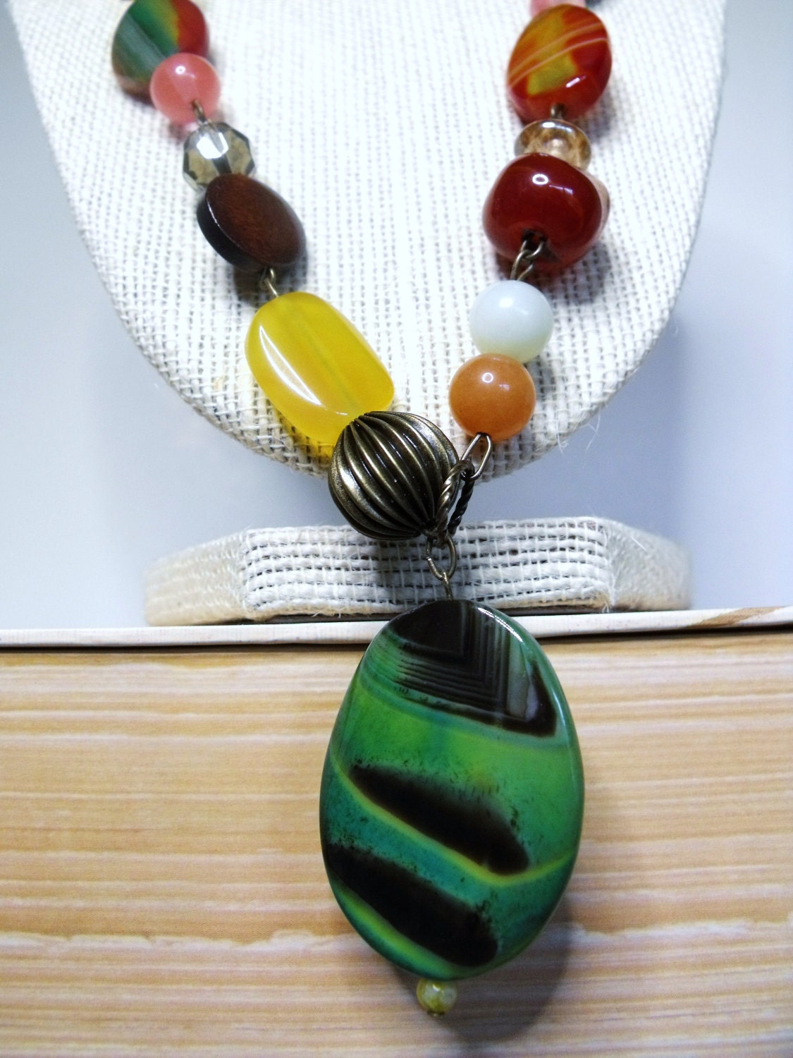 Autumnal Necklace--Green Agate Slice, Cherry Quartz, Goldstone, Copper, Fall Colors
