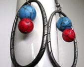 Paige Earrings--Oval Pewter Hoops, Blue and Red Howlite Beads