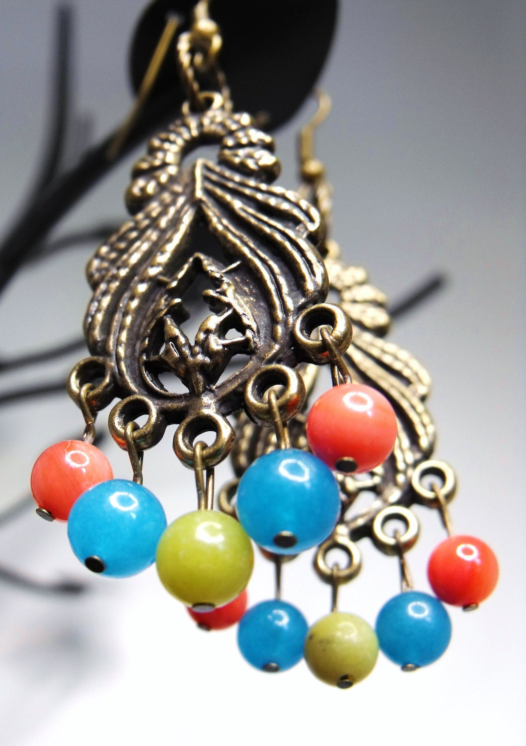 Bollywood Earrings--Chandelier Antiqued Brass Filigree, Coral, Turquoise, Jade