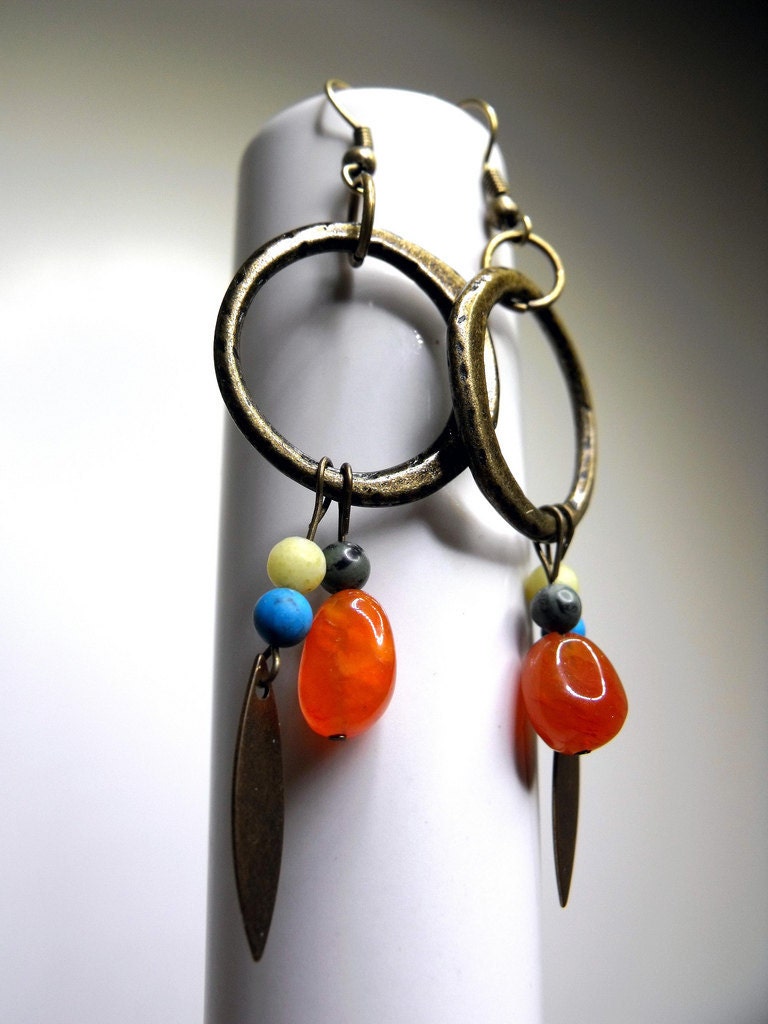 Brushfire Earrings--Southwest, Antiqued Brass, Burnt Orange Chalcedony, Howlite, New Jade, Malachite