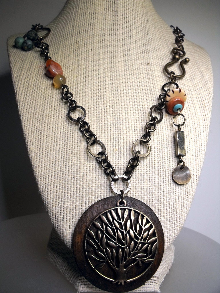 Arbor Vitae Necklace--Earthtone Gemstones, Wooden Disc Pendant, Antiqued Brass Tree