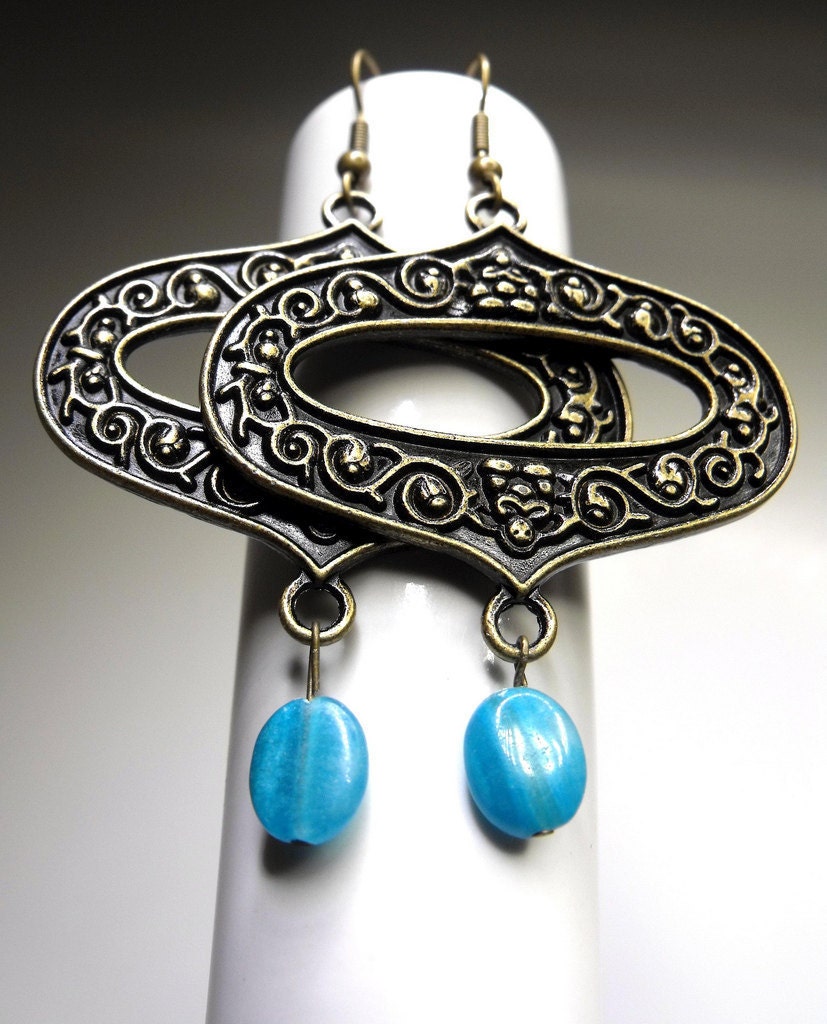 Coco Earrings--Antiqued Brass Ornate Links, Amazonite Drop Beads