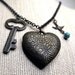 Reliquary Necklace--Floral-Stamped Heart, Tiny Key, Bird Charm, Turquoise Ceramic Bead