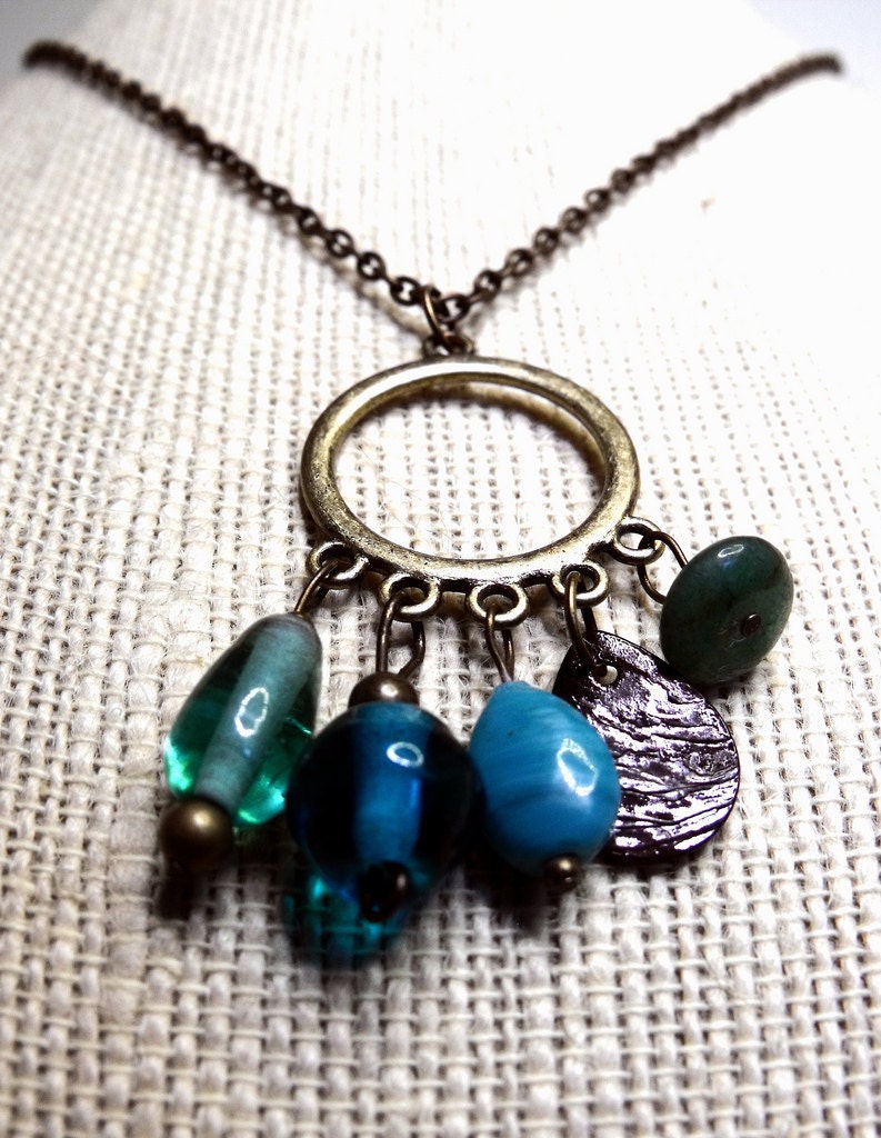 Maritime Necklace--Aventurine, Czech Pressed Glass Beads, Mother of Pearl, Teal, Aqua, Beachy