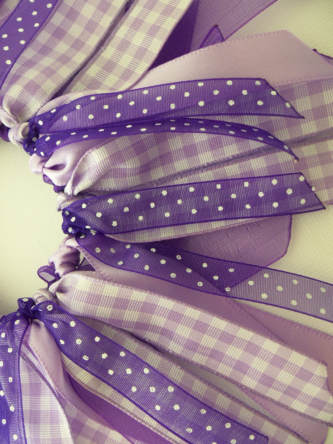 SALE Purple Madness Polka Dots and Gingham Cheer Style Ponytail Holder Hairbow Ribbon by Petite Personalities on Etsy.com