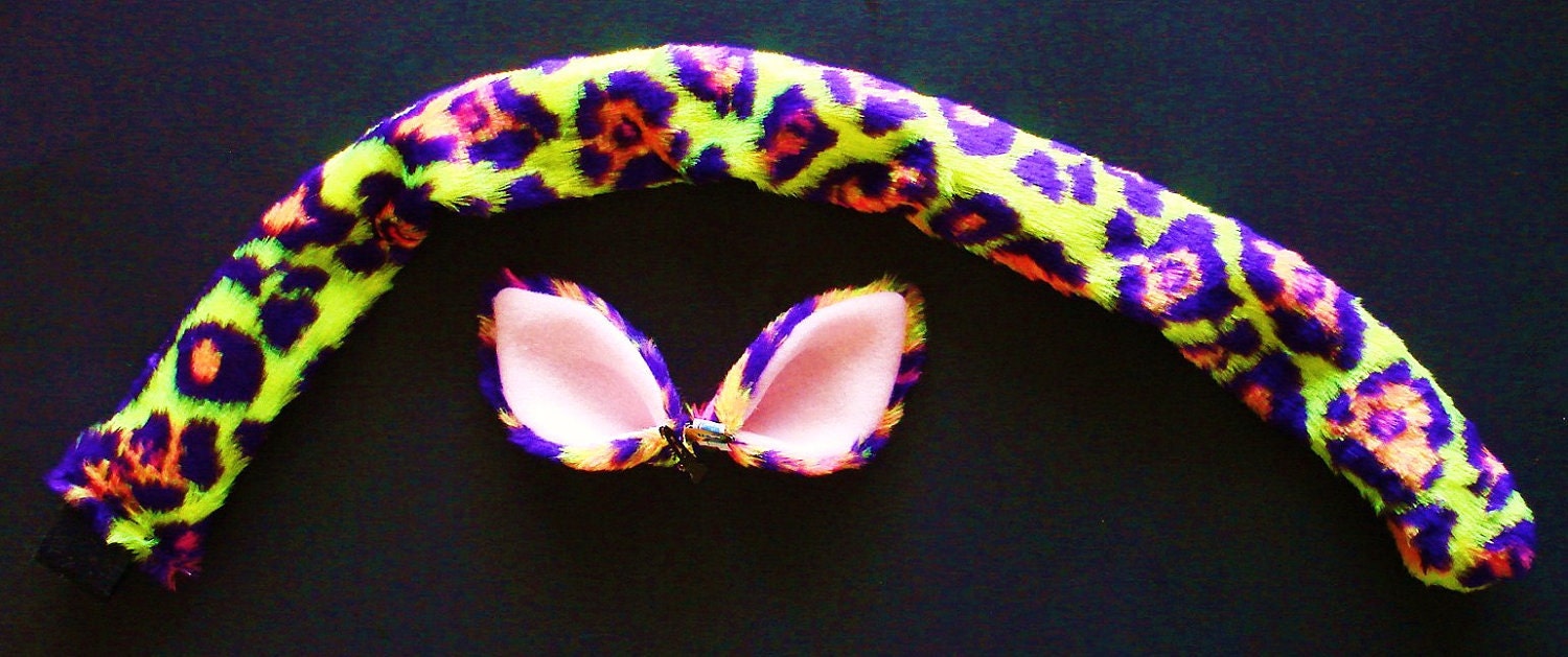 Neon Green Leopard UV Fur Cat Costume Ears And Tail Set Halloween Cosplay