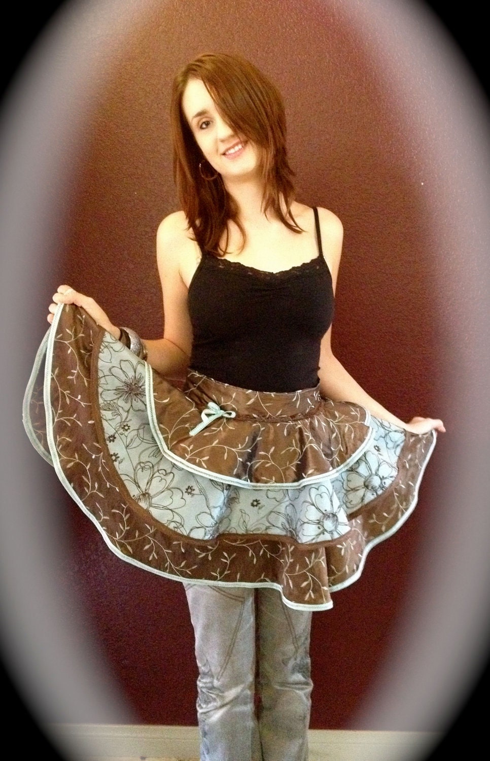 Cocoa Blue Couture Artistic Sassy Apron by Trish Vernazza Featured in Apronology Magazine