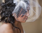 Crystal Bridal Birdcage veil in white or ivory - Mandy our Couture Wedding Birdcage Veil with feathers and pearl & rhinestone center