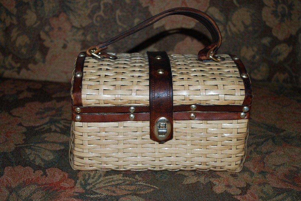 Vintage 1950's Woven Basket Weave and Leather Box Style Handbag British Hong Kong