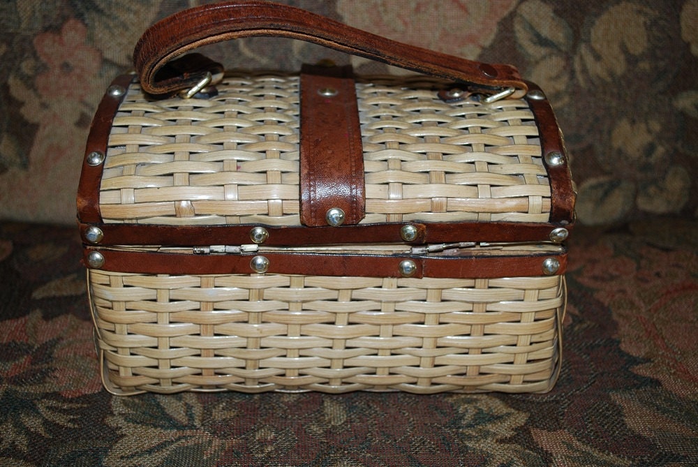 Vintage 1950's Woven Basket Weave and Leather Box Style Handbag British Hong Kong