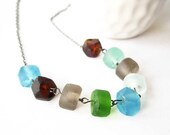 Recycled Glass Necklace - Beaded Jewelry, Green, Brown, Fawn, Blue, Aqua, Earthy Jewellery, Modern, Eco Friendly