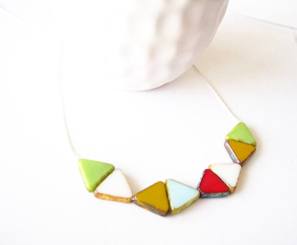 Geometric Necklace - Triangle Jewelry, Sterling Silver Necklace, Contemporary, Czech Glass, Green, White, Yellow, Red, Blue Jewellery