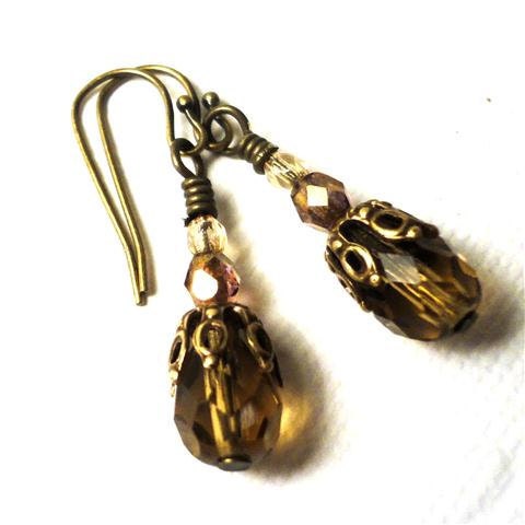 Rustic Earrings Gold Brown Czech Glass Earrings Nature Earrings Chocolate Earrings Dangle Earrings Copper Brown Earrings