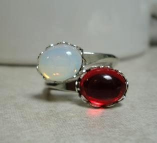 Silver Ring - Ruby and Moonstone Glass - Strawberries and Cream