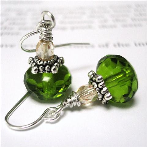 Spring Green Earrings, Crystal Drop Earrings, Green Czech Glass Earrings, Beaded Earrings, Dark Green Glass Earrings