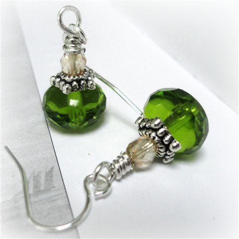 Spring Green Earrings, Crystal Drop Earrings, Green Czech Glass Earrings, Beaded Earrings, Dark Green Glass Earrings