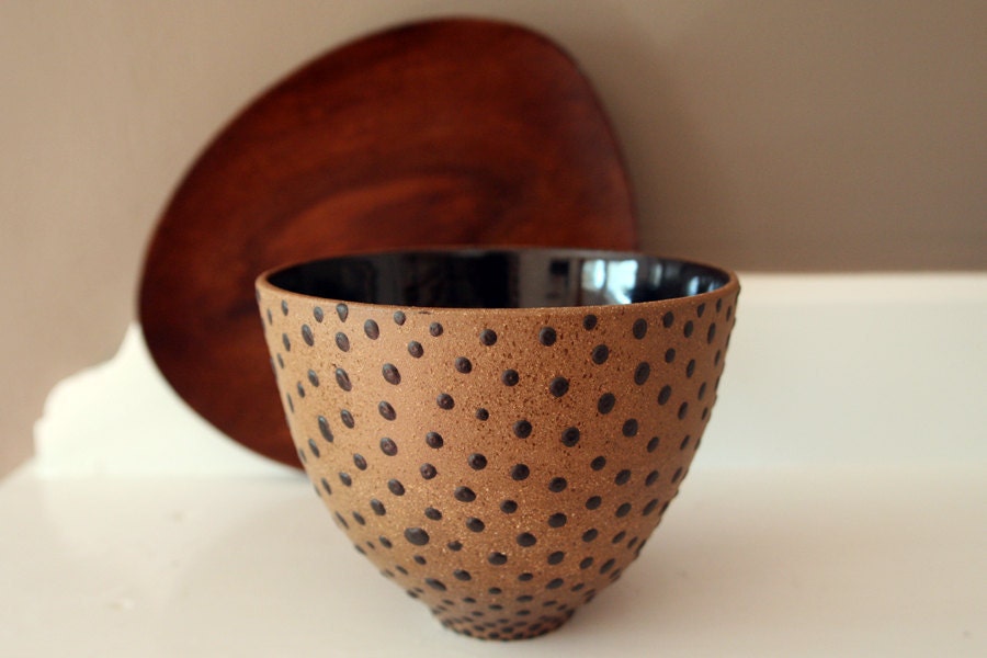 Stoneware Bowl / Rustic Toasty Brown with Black Dots and Glossy black interior / "SPOT DOT"