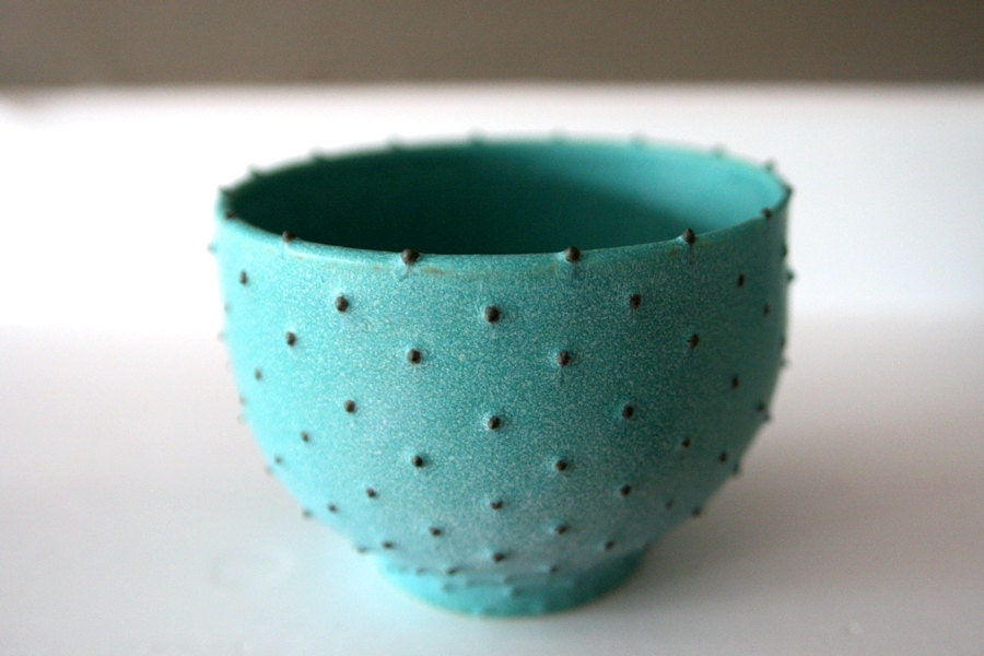Stoneware Bowl with Dots / Wheel-Thrown Ceramic / Turquoise Verdigris Matte Glaze with Hand Applied Spotted Dots / "GUANÃ�BANA B" - LeiliDesign