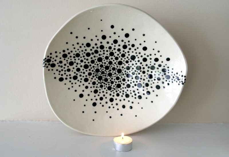 Large Footed Stoneware Platter with a Constellation of Black and White Dots / Starry Night Sky Cosmology / "ORION NEBULA 1"