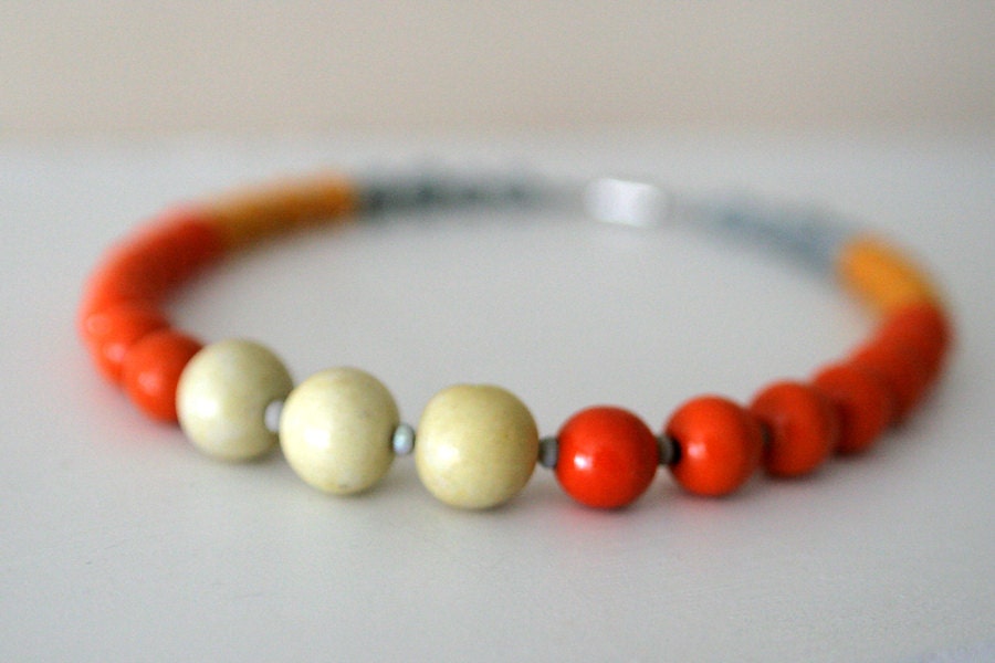 Necklace in Orange, Sunshine Yellow, and Grey / Wooden, Glass and Ceramic Beads / "GUADALUPE"