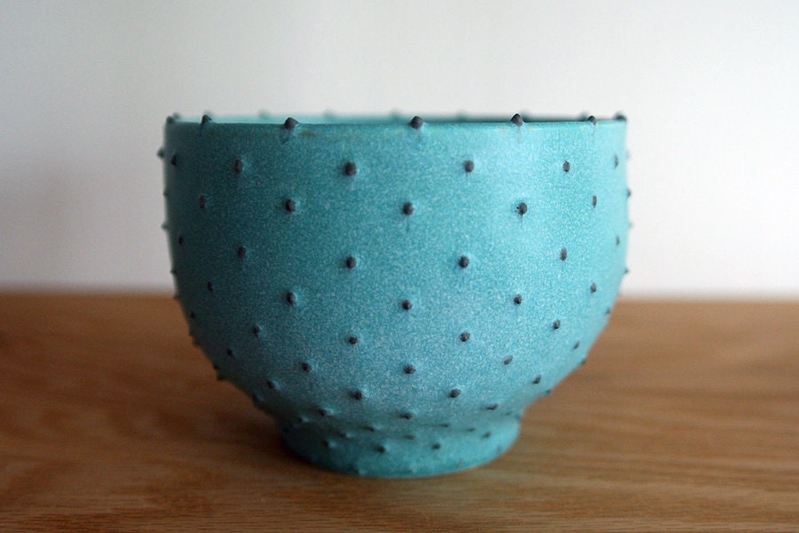 Stoneware Bowl with Dots / Wheel-Thrown Ceramic / Turquoise Verdigris Matte Glaze with Hand Applied Spotted Dots / "GUANÁBANA B"