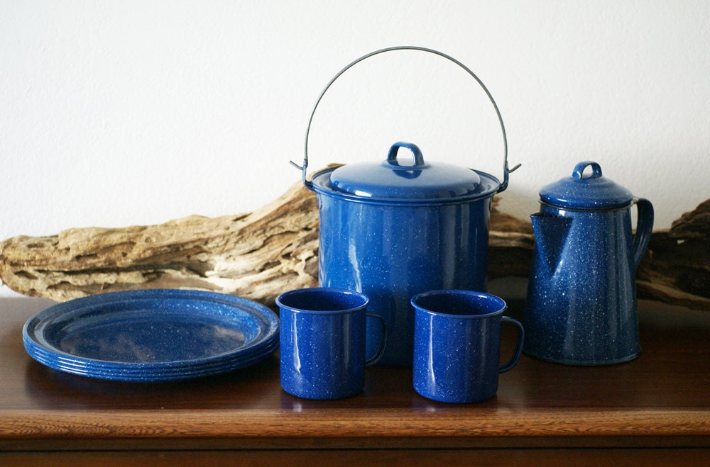 SALE - Vintage Enamel Camping Cookware Set