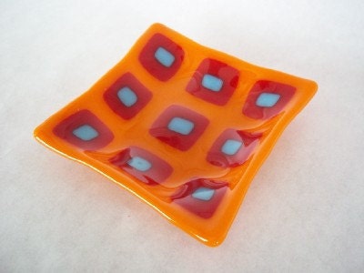 Tangerine, Red and Turquoise Fused Glass Dish/Soap Dish