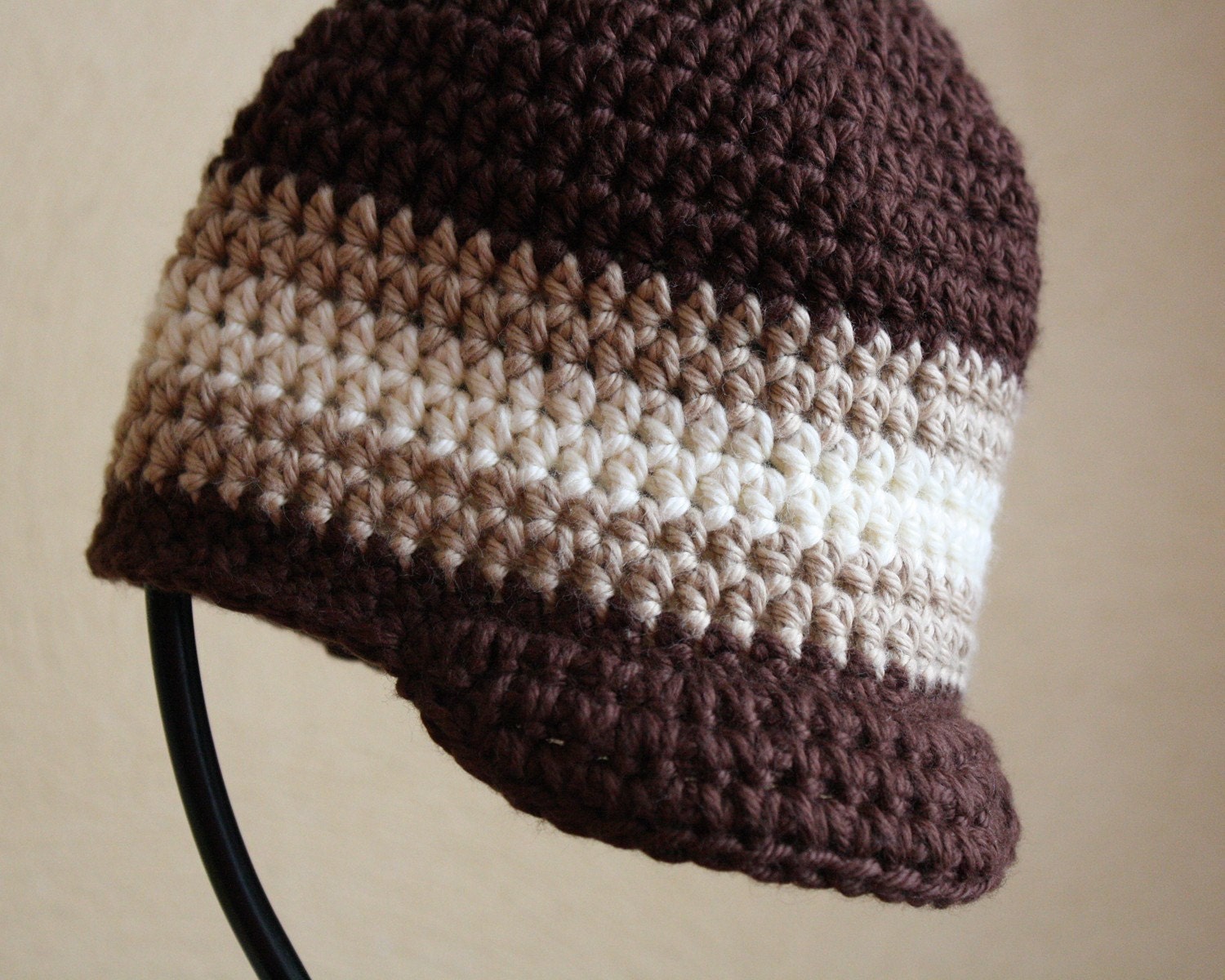 Visor Beanie - Brown with Beige and Vanilla stripes - Pick Size (Newborn - 12M)
