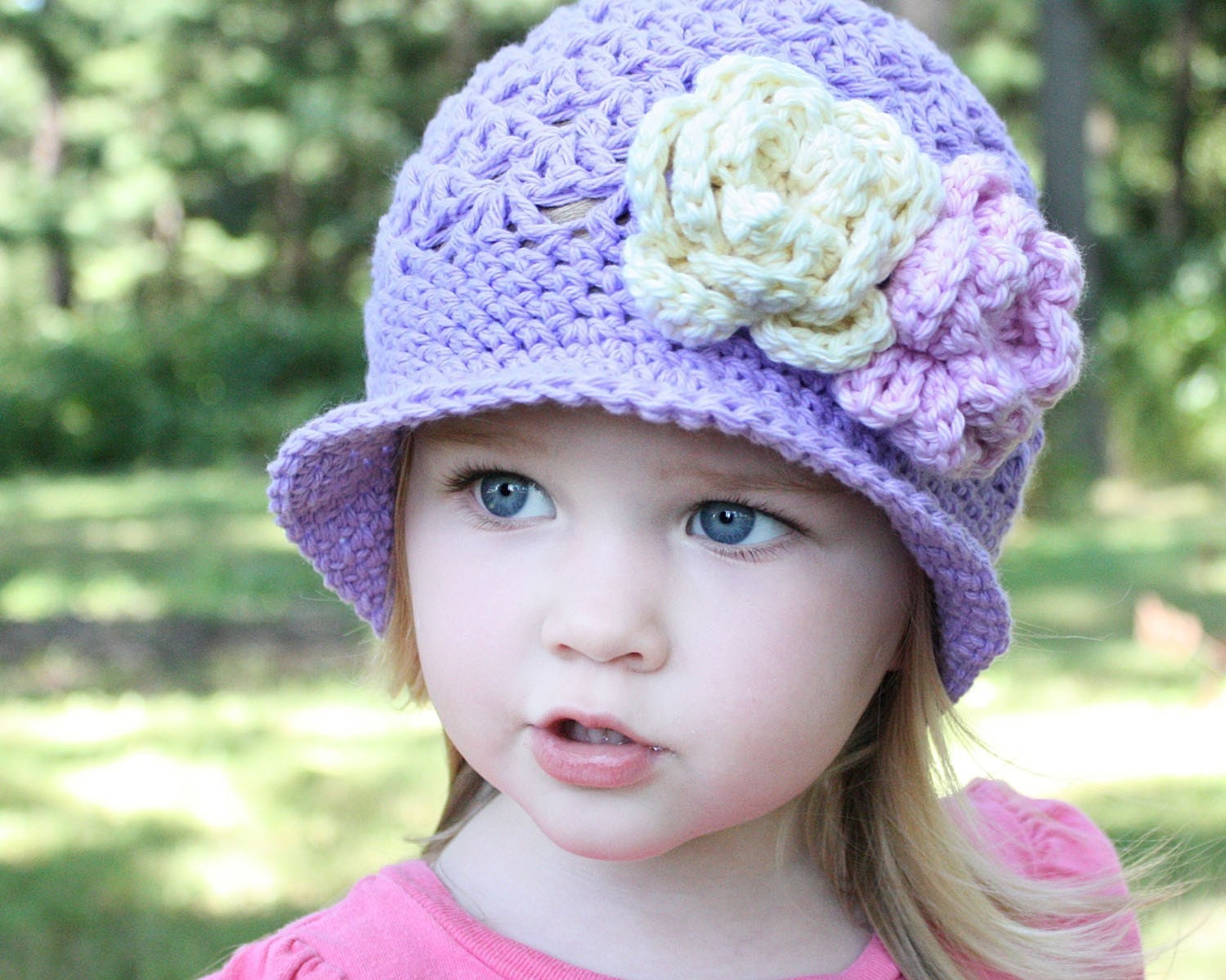 Violet - Crochet Lilac Colored Hat with Layered Flowers